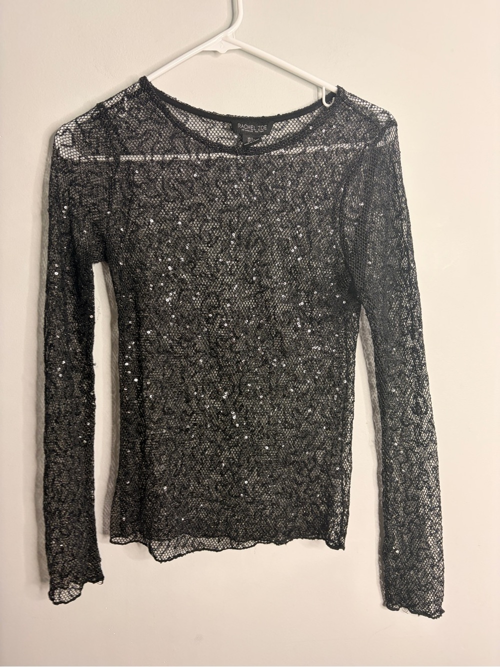 Rachel Zoe Black Sequin Lace Mesh long-Sleeve Top